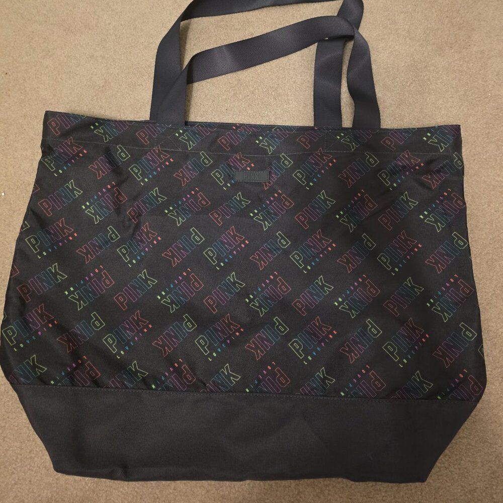 Victoria's Secret PINK Black Tote Bag Rainbow Logo Beach Gym